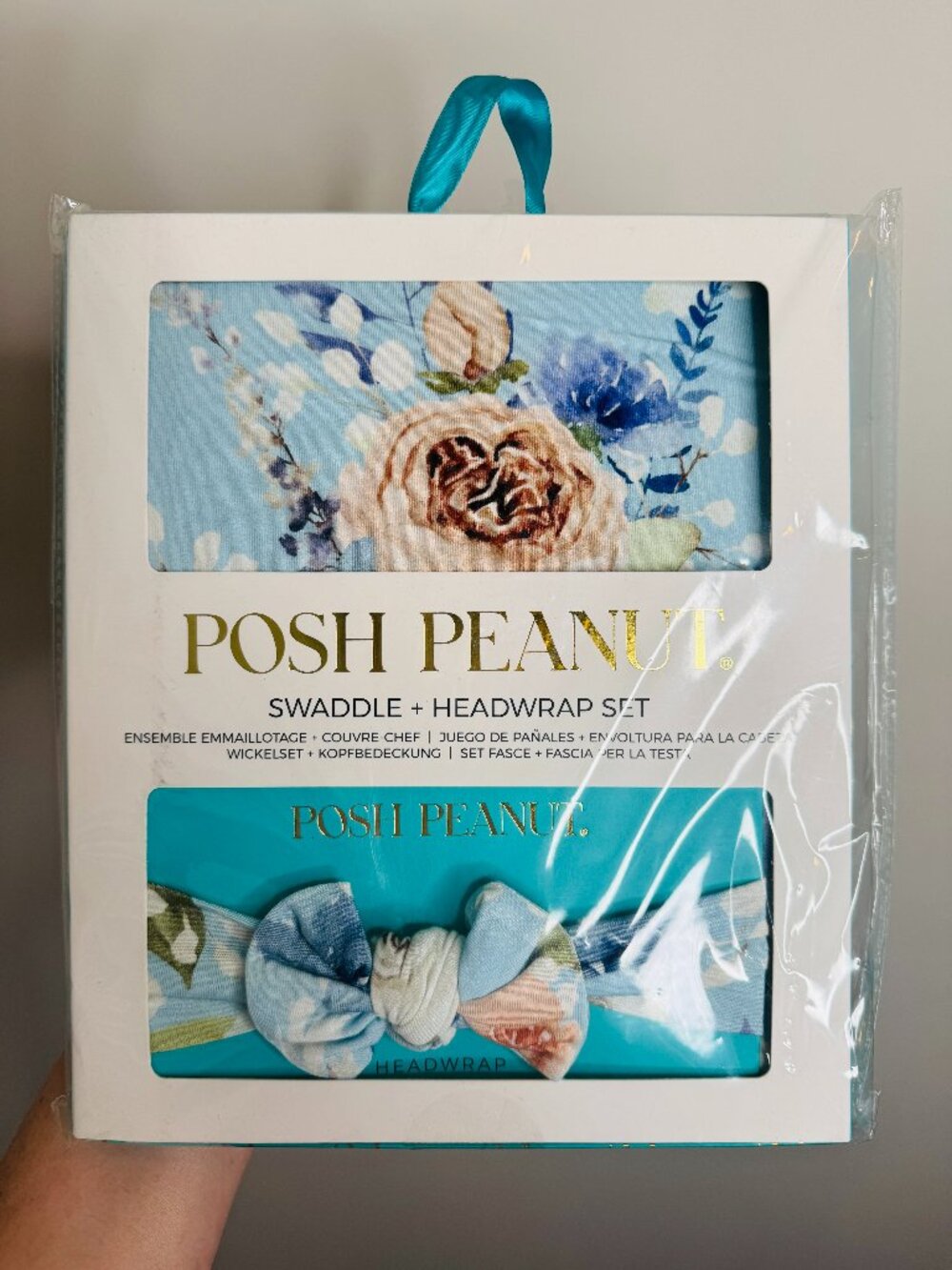 NIB Posh Peanut Frostine Infant Swaddle and Headwrap Set Blue Floral Bamboo 44in